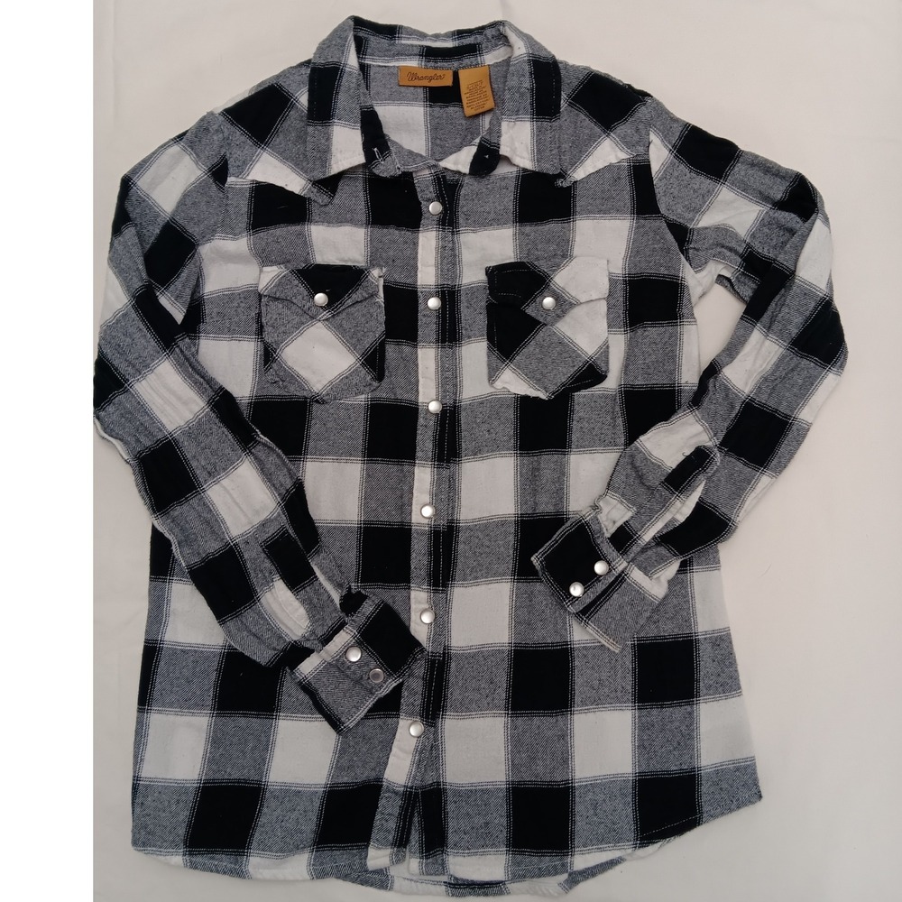 Wrangler Women Plaid Long Sleeve Snap Front Flannel‎ Shirt Black White Size S
